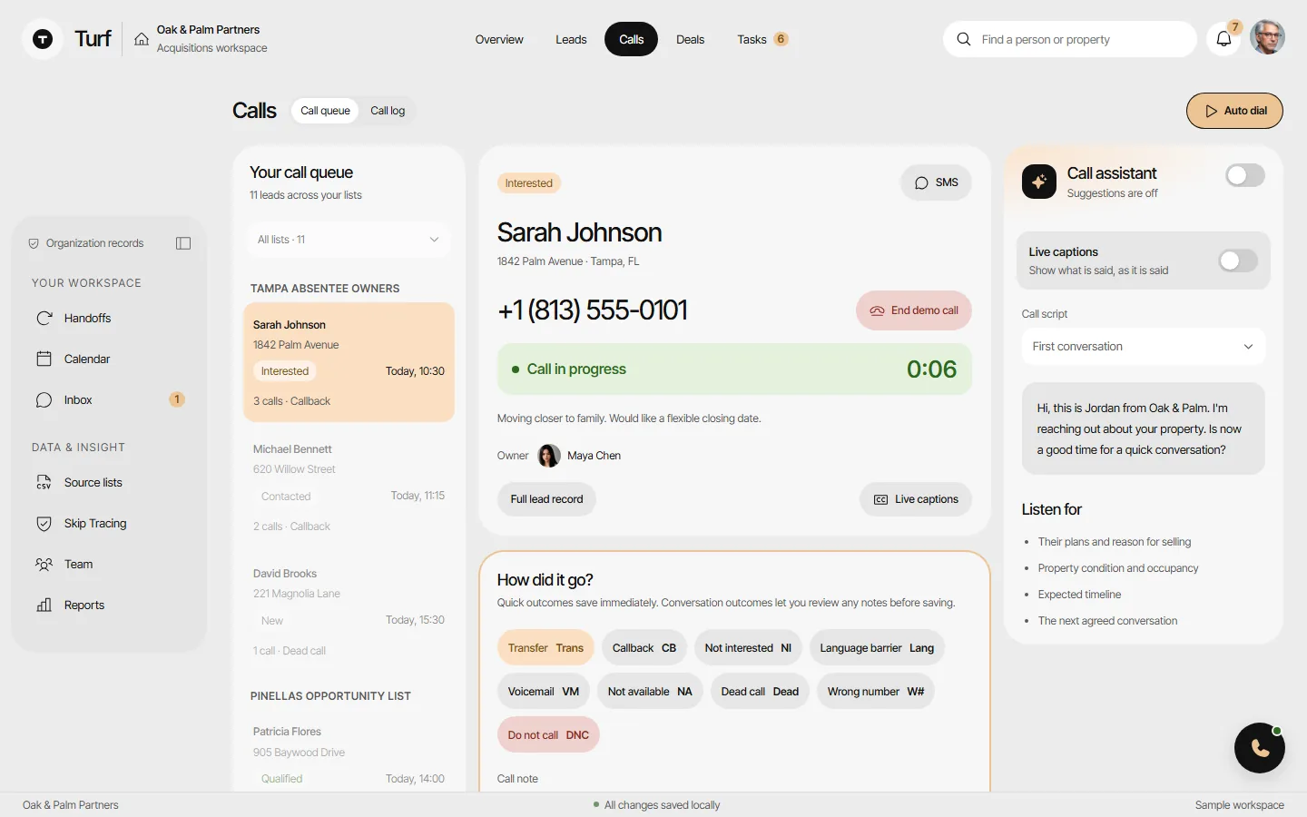 A demo call in progress: a green status bar with the elapsed timer, End call, and quick outcome buttons below.