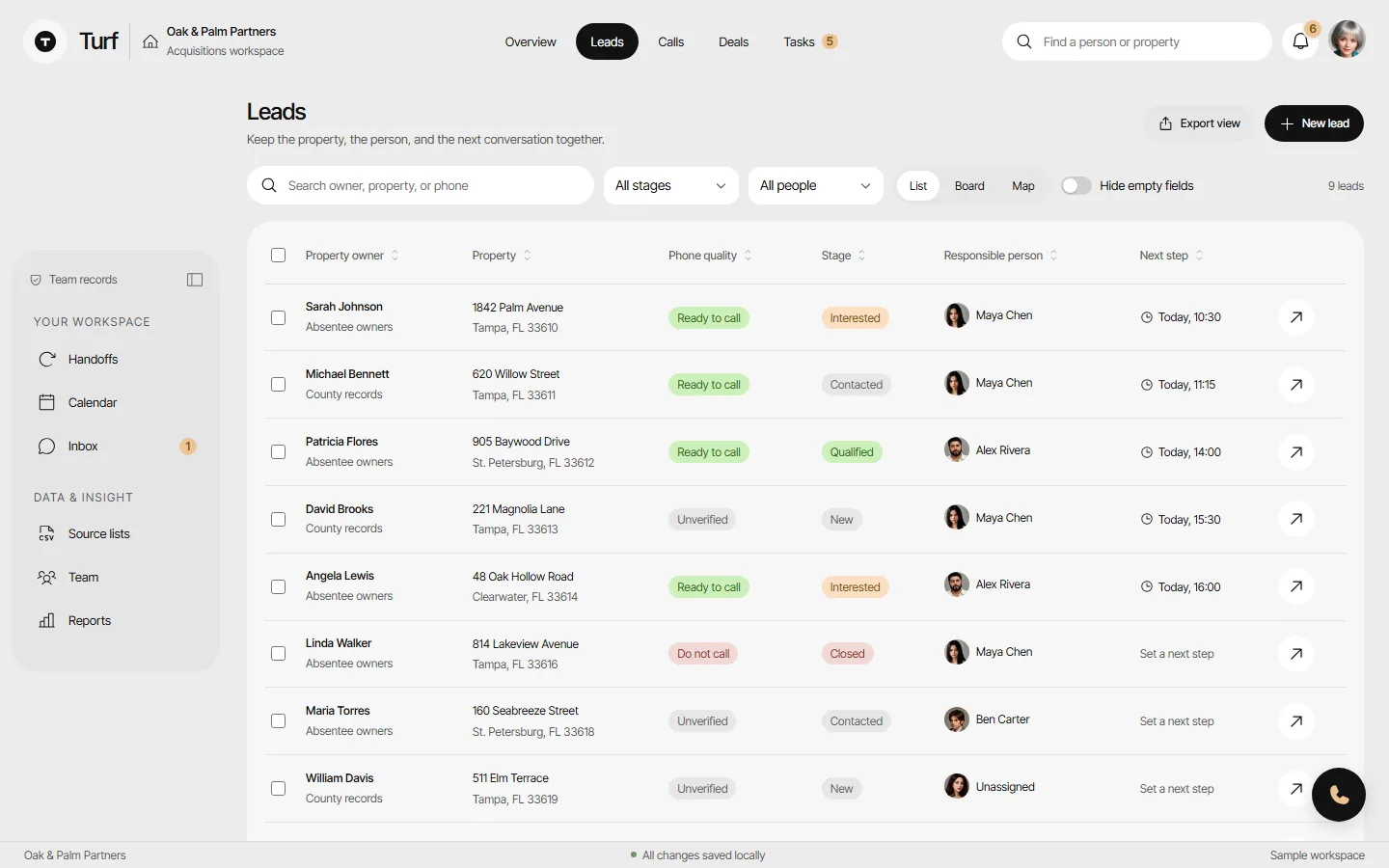 The Leads page, a table with phone quality, stage and next step.