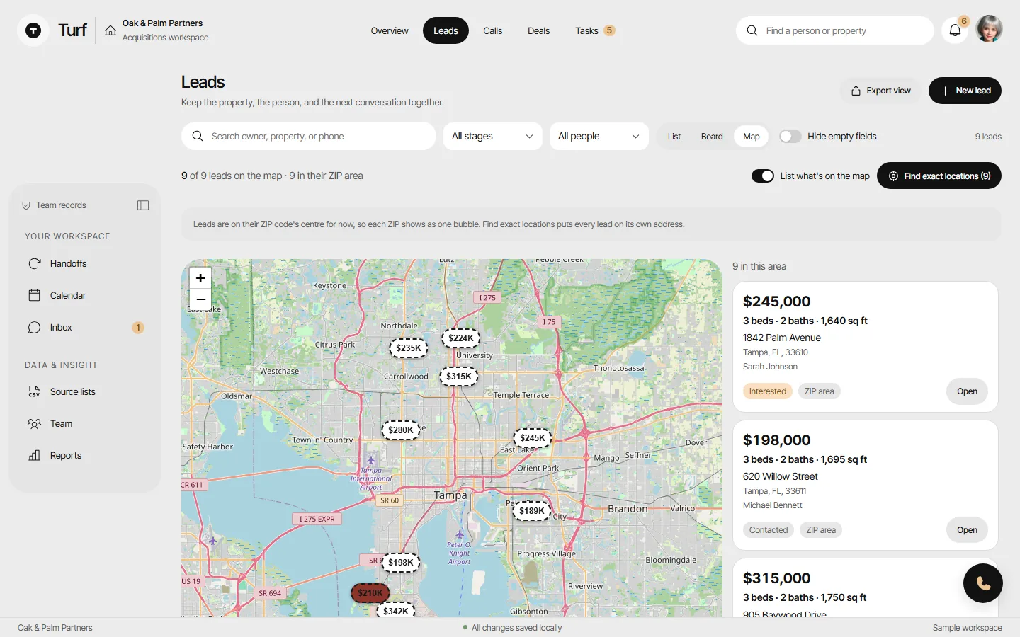 The Leads map with price pins over Tampa and a list of property cards beside it.