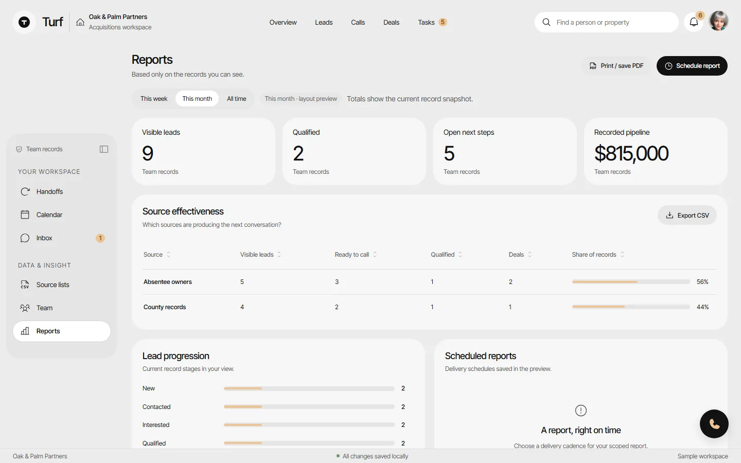 The Reports page with an Export CSV button and Print / save PDF.